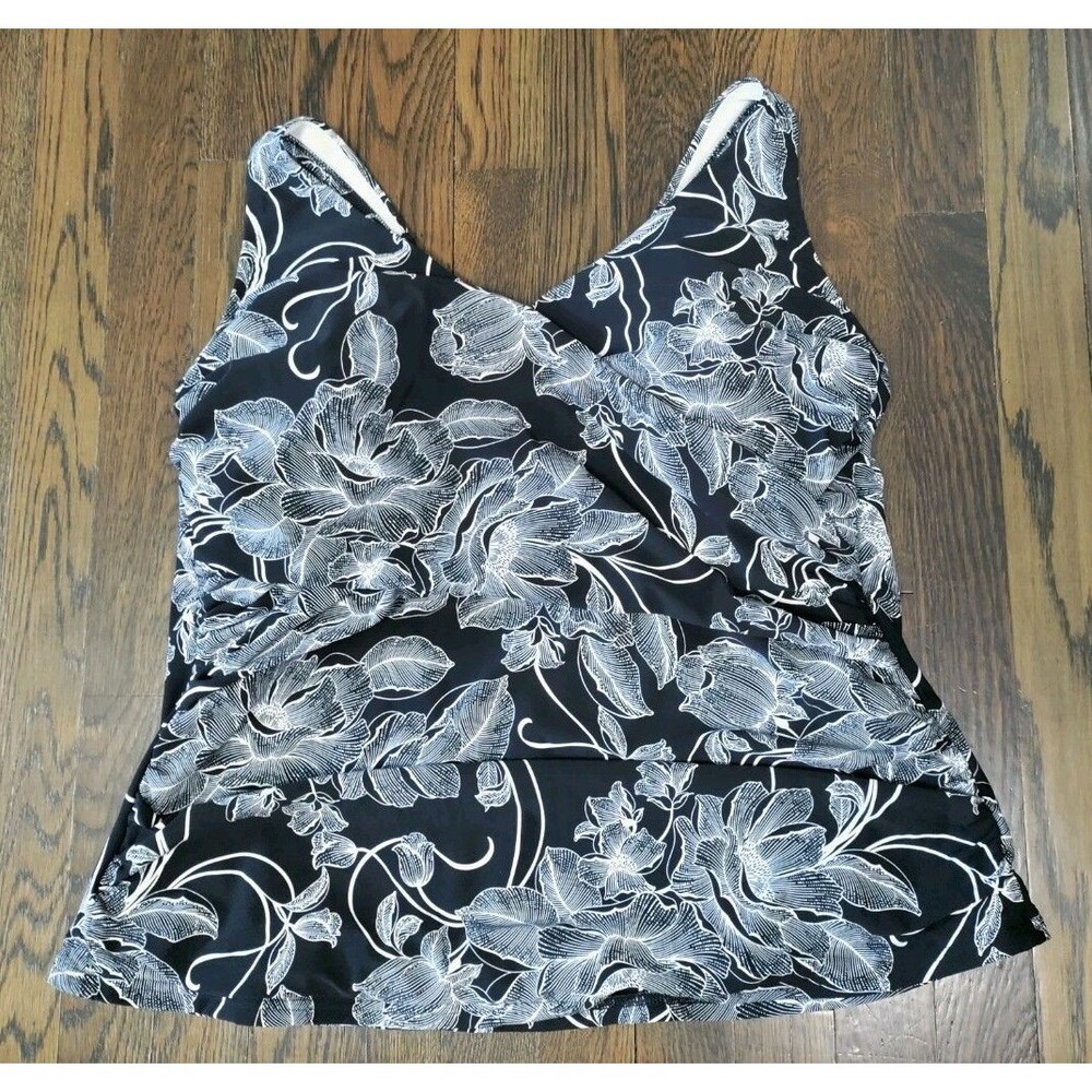 Lands End Tankini Top Size 20W Black White Floral A-Line Built In Bra EUC Swim